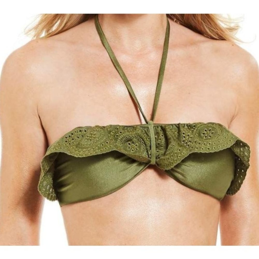 NWT Chelsea & Violet XS Ollive Green Eyelet Ruffle Tie Neck Bikini Swim Top